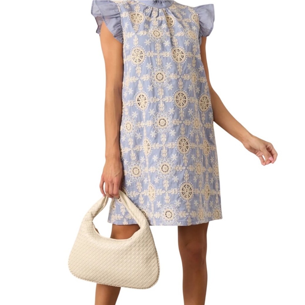 VOY Skyview Serenity Blue Embroidered Cotton Mini Dress Small 35213